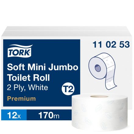 Tork Premium mini jumbo ipari WC papír, soft T2 2 rétegű, fehér, 12x170 m SCA110253