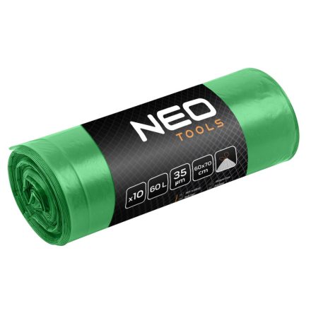 Neo szemeteszsák 60l, 60x70cm, zöld,erősített húzószalagos, vastagság:35mic (10db/csomag)