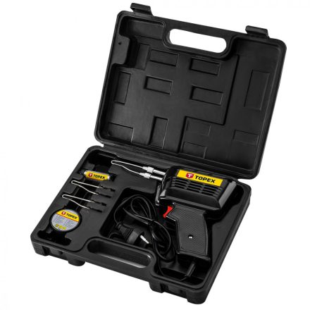Topex forrasztópisztoly 150w, kiegészítőkkel, 3db pákacsúcs, forrasztókrém, forrasztóón, kofferben