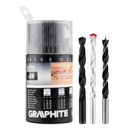   Graphite fúrókészlet, fém, fa, kőzefúrókkal, hengeres szár, 3,4,5,6,8,10mm méretek (18db/készlet)