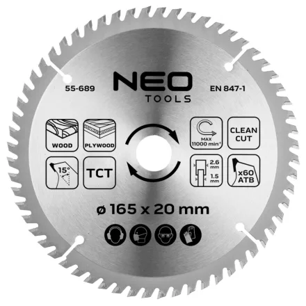 Neo körfűrészlap merülőfűrészhez keményfém fogakkal, 165x20mm, 60 fog 