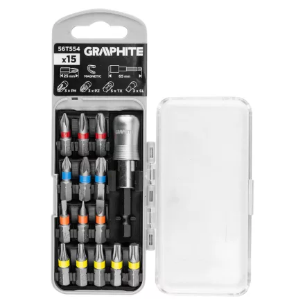 Graphite csavarhúzó bitkészlet 25mm, mágneses szárral, műanyag tokban (15db/készlet)