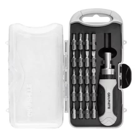 Graphite bitfejes csavarhúzó készlet 115mm-es racsnis szárral, műanyag tokban (21db/készlet)