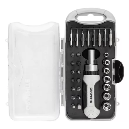 Graphite bitfejes csavarhúzó készlet 115mm-es racsnis szárral, műanyag tokban (30db/készlet)