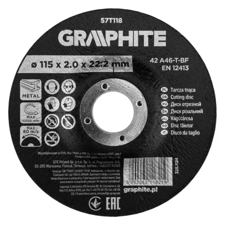Graphite vágókorong fémhez, korund süllyesztett furattal 115x2x22,2 42 A46-T-BF