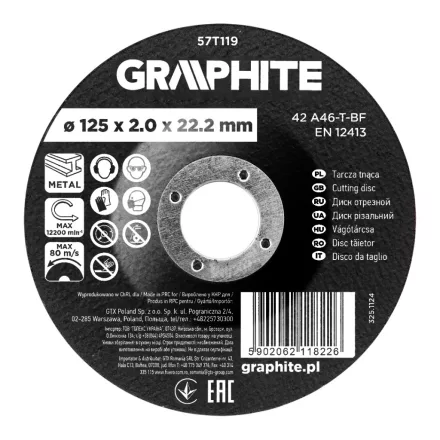 Graphite vágókorong fémhez, korund süllyesztett furattal 125x2x22,2 42 A46-T-BF