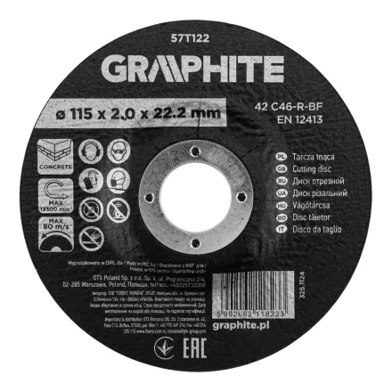 Graphite vágókorong kőhöz, korund  süllyesztett furattal 115x2x22,2 42 C46-R-BF