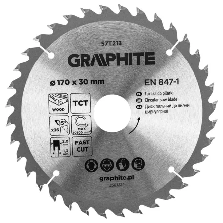 Graphite körfűrészlap, keményfém  fogakkal, 170 x 30mm, 36 fog