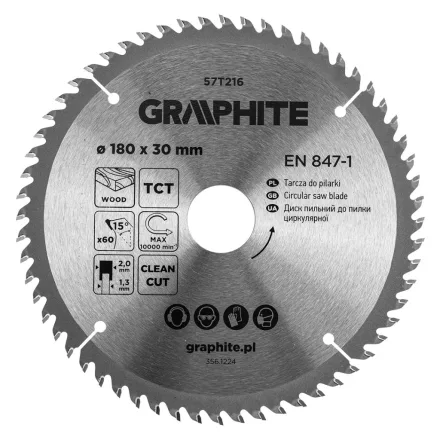 Graphite körfűrészlap, keményfém  fogakkal, 180 x 30mm, 60 fog
