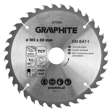 Graphite körfűrészlap, keményfém  fogakkal, 185 x 30mm, 36 fog