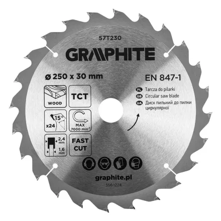 Graphite körfűrészlap, keményfém fogakkal, 250x30mm, 24 fog