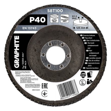 Graphite csiszolókorong lamellás 125x22,2mm, P40 inox, fém, fa