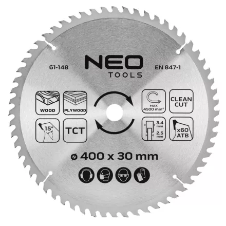 Neo körfűrészlap tiszta vágáshoz, 400x30mm, 60 fog, 