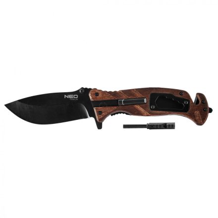 Neo összecsukható túlélő kés, 22 cm, 6 az 1-ben: kés, síp, kovakő, csavarkulcs, szíjvágó, üvegtörő, penge: 9cm