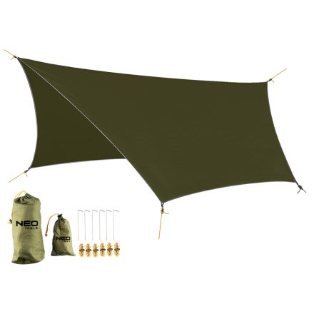 Neo túlélő kemoing ponyva, vízálló, 360X290cm, 210T/2000PU anyag, horgok, kötelek, 2 szállítózsák