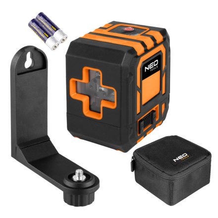 Neo lézeres szintező, önbeálló keresztvonallézer, piros, 20m, mágneses tartókonzol, 1/4"-os menet, 2db AA elem
