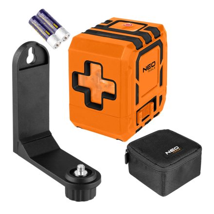 Neo lézeres szintező, önbeálló keresztvonallézer, zöld, 30m, mágneses tartókonzol, 1/4"-os menet, 2db AA elem