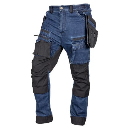 Neo farmer munkásnadrág, Denim, 82% pamut, Oxford szövet, Cordura betétek, cippzáras zsebek, kék-fekete, M