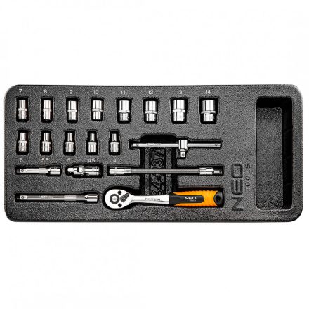 Neo dugókulcskészlet 1/4", 4-14mm, műhelykocsitálcával (19db/készlet)